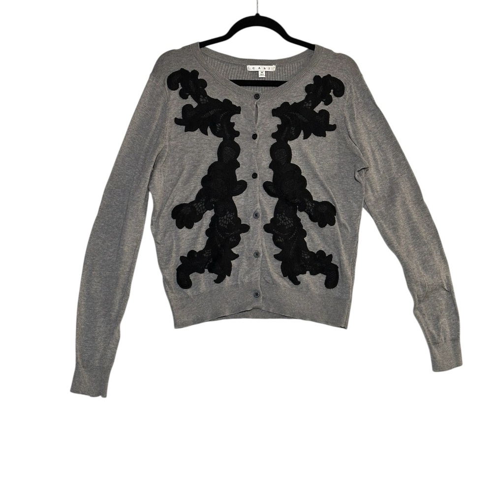 CAbi Gray Cardigan w/ Black Floral Design- medium - eye catching- Cotton